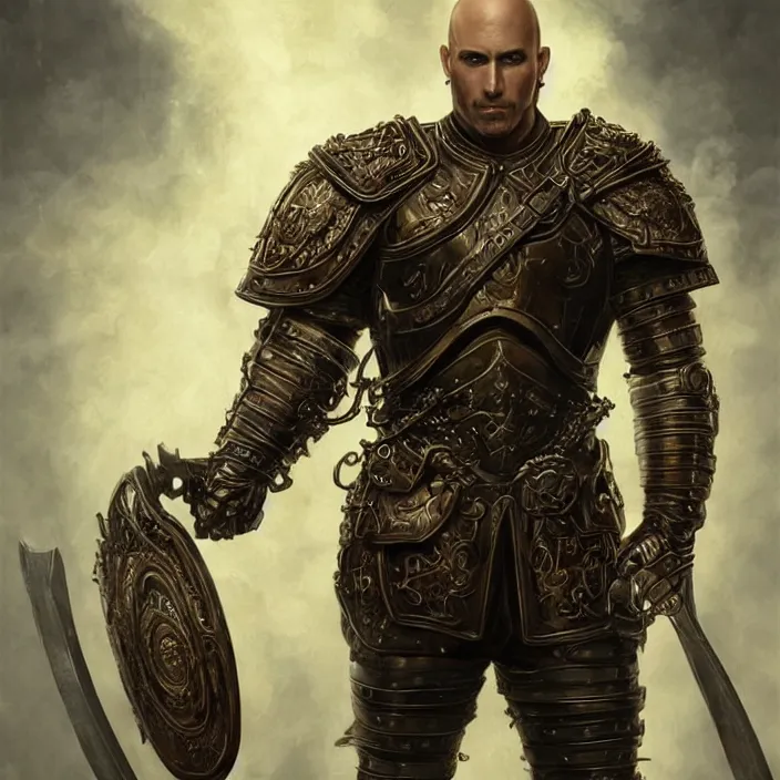 Image similar to a highly detailed symmetrical full body painting of a bald male warrior in leather armour with piercing eyes in dark tomb setting, dynamic lighting, ambient lighting, deviantart, art by artgerm and karol bak and mark brooks