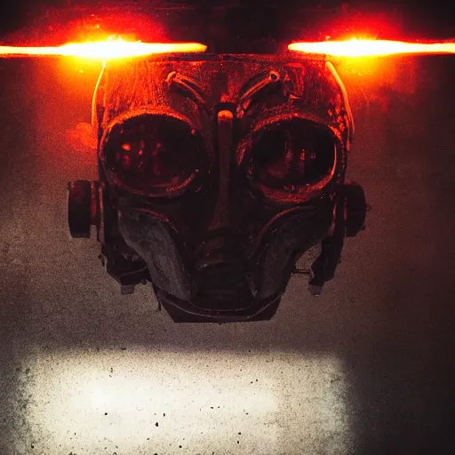 Image similar to toaster oven mecha head, dark messy smoke - filled cluttered workshop, dark, dramatic lighting, orange tint, sparks, cinematic, highly detailed, sci - fi, futuristic, movie still