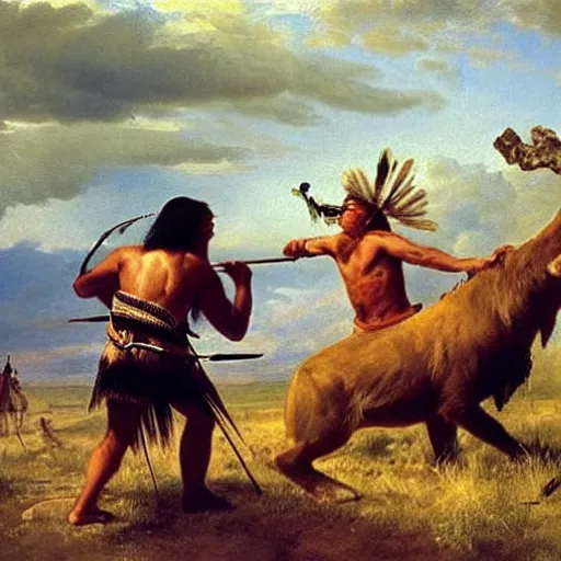 Image similar to native american man kills sabertooth!!!!!!!!! with bow and arrow on great plains, painting by emanuel leutze and emanuel leutze and emanuel leutze