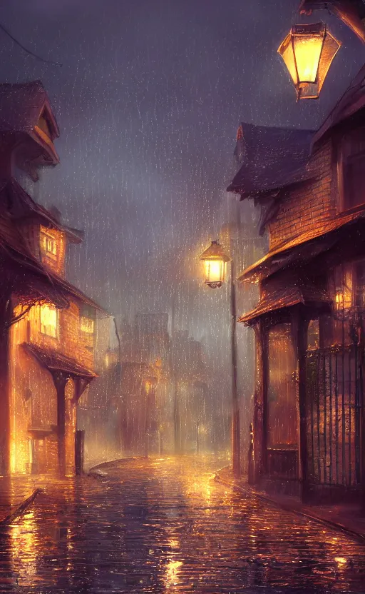 Image similar to a blurry ambient lantern in the distance of a rainy victorian village at night, dynamic lighting, ambient lighting, atmospherical, photorealistic fantasy concept art, trending on art station, stunning visuals, creative, cinematic, ultra detailed