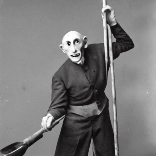 Image similar to vintage photograph of count orlok swinging a hammer over his head, working on the railroad