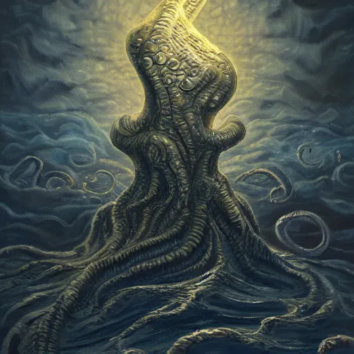 Prompt: a continent in the shape of a lovecraftian old god protruding from the earth oil painting. oil on canvas. award winning. dramatic. trending on artstation 8 k