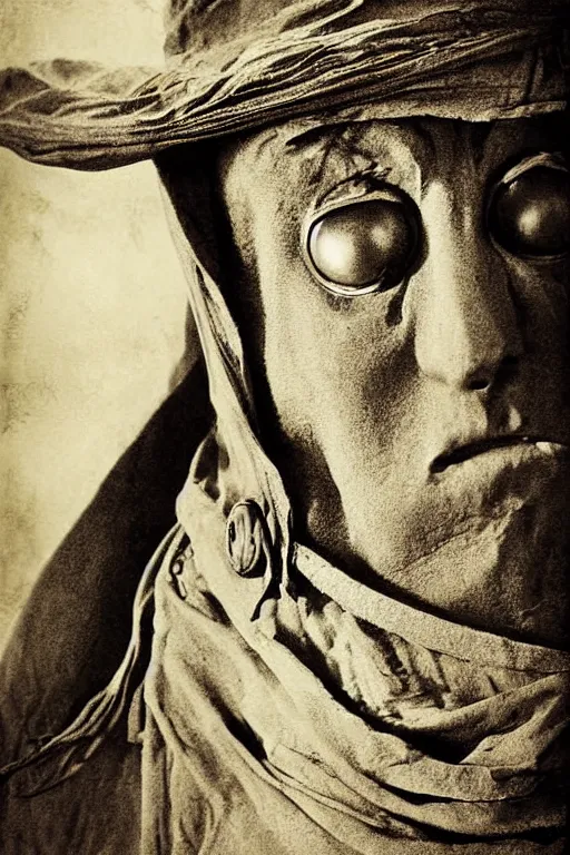 Image similar to orko, portrait, full body, symmetrical features, silver iodide, 1 8 8 0 photograph, sepia tone, aged paper, sergio leone, master prime lenses, cinematic