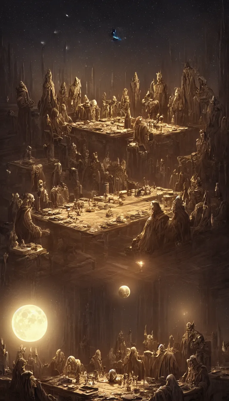 Image similar to A meeting of the council of elders, robed figures sat around a table, beautiful architecture, night time, stars visible, beautiful moon light, concept art, fantasy art, digital art by michal karcz, trending on artstation, highly detailed, 8k