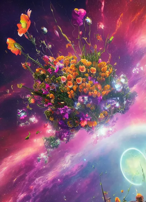 Image similar to An epic fantastic realism comic book style painting of the most beautiful flowers launched into space, bouquets, glorious galactic collision, sharp focus, fisheye, unreal 5, DAZ, hyperrealistic, octane render, dynamic lighting