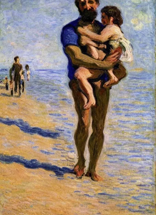 Prompt: a clothed man carrying his child over his shoulders walking near the beach, anatomically correct, painting by monet, masterpiece