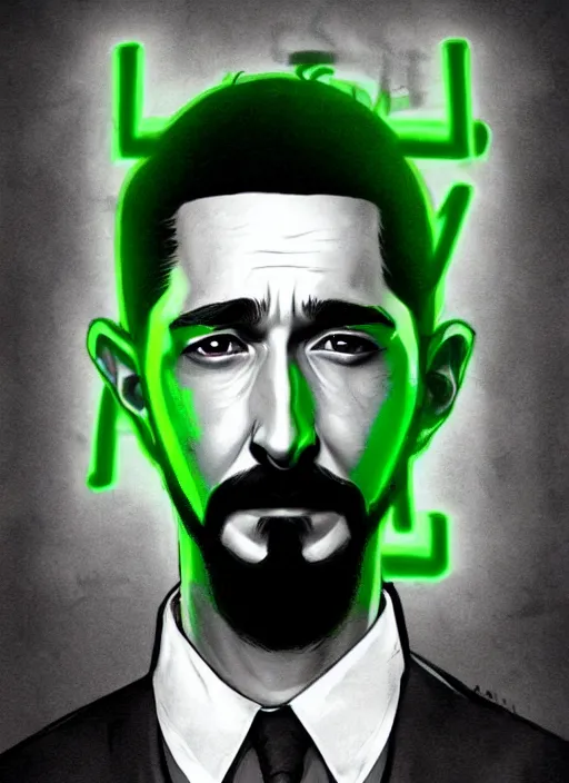 Image similar to highly detailed closeup portrait motivational poster of creepy staring shia lebouf with large bold letter motivational words by greg rutkowski, by artgerm, gradient green, black and white color scheme, grunge aesthetic!!! ( ( graffiti tag wall background ) )