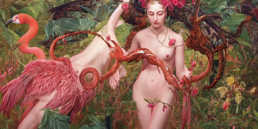 Image similar to breathtaking detailed concept art painting of the goddess of flamingo, orthodox saint, with anxious, piercing eyes, ornate background, amalgamation of leaves and flowers rafflesia arnoldii, by Hsiao-Ron Cheng and John James Audubon, extremely moody lighting, 8K