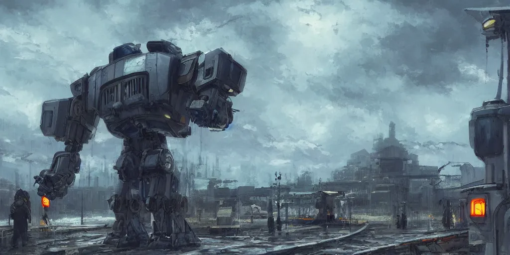 Image similar to a russian mecha, train station in summer, matte painting, evening, after the storm, drama, by rozalski and stanton kenton, artstation