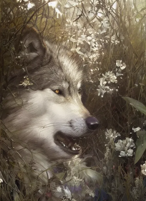 Prompt: wolf hyperrealistic portrait, surrounded by silver wires and white nightshade flowers, by jeremy mann and alphonse mucha, fantasy art, photo realistic, dynamic lighting, artstation, poster, volumetric lighting, dramatic light, very detailed faces, 8 k, award winning