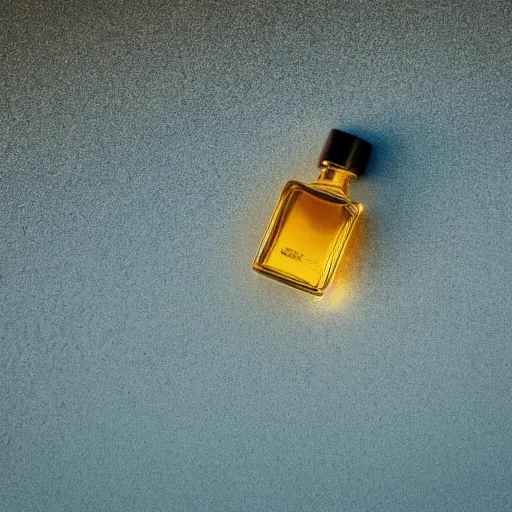 Prompt: perfume bottle sitting on a small mountain of golden desert sand, close up shot, upfront, with blue sky and clouds in the background, softly - lit, soft - warm, zen, light, modern minimalist f 2 0 clean