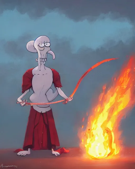 Image similar to squidward ( anthropomorphic squid ) wearing fire nation clothing and practicing firebending outside at susnset, [ greg rutkowski ]