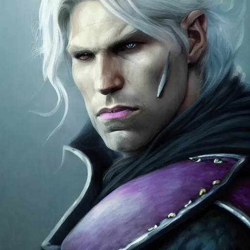 Image similar to realistic portrait of drizzt du orden by r. a. salvatore, dark elf with purple eyes and white hair, trending on artstation, low angle oil painting and composition laws, cinematic lighting, hyperdetailed, cgsociety, 8 k