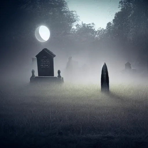 Prompt: dark fantasy, beetlejuice flying out of grave in cemetery, foggy moonlit night, cinematic, true color, textured 3 d, intense detail, hyperealism, 4 k