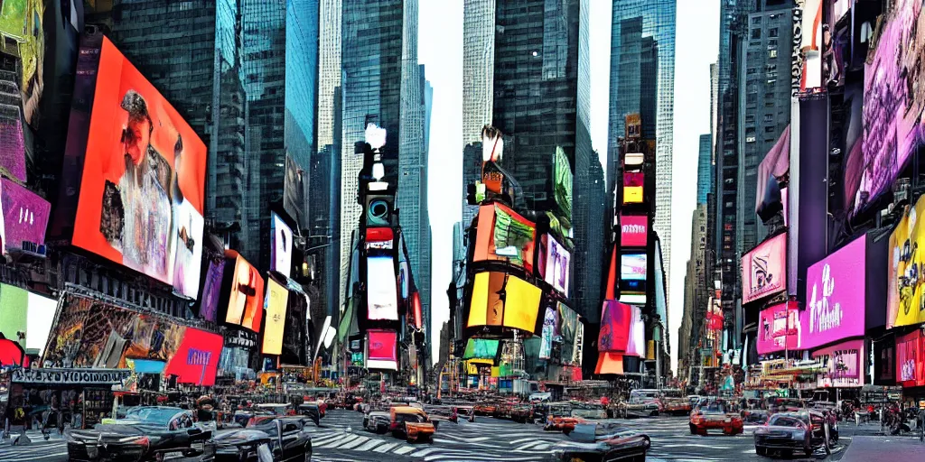 Image similar to new york, time square but on every screen there is a forest, overgrown with plants, natural lighting, beautiful composition