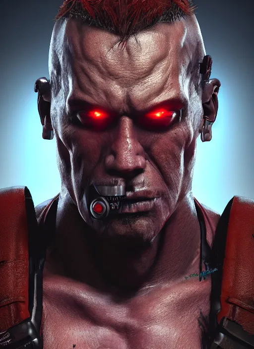 Image similar to cyberpunk portrait of muscular demon from doom 3, au naturel, hyper detailed, digital art, trending in artstation, cinematic lighting, studio quality, smooth render, unreal engine 5 rendered, octane rendered, art style by pixar dreamworks warner bros disney red dead redemption far cry doom cyberpunk 2 0 7 7 riot games and overwatch.