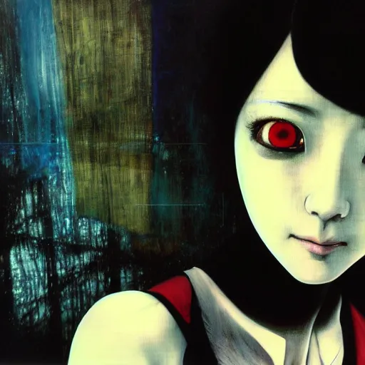 Image similar to yoshitaka amano blurred and dreamy three quarter angle portrait of a young woman with white hair and black eyes wearing dress suit with tie, playstation 2 horror game, junji ito abstract patterns in the background, satoshi kon anime, chungking express color palette, noisy film grain effect, highly detailed, renaissance oil painting, weird portrait angle, blurred lost edges