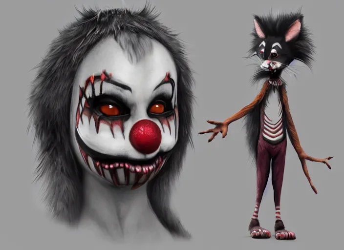 Image similar to award - winning detailed concept art of a creepy clown anthropomorphic raccoon character wearing clown makeup face paint. art by wlop on bcy. net, realistic. detailed fur, art by cheng yi. artstationhd, artgerm, 3 dcg, pixar zootopia. 3 d rendering, high quality model sheet, disney. model sheet detailed