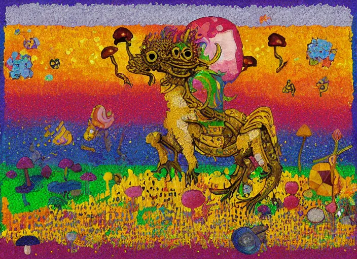 Prompt: pixel decollage painting golden armor alien zombie horseman riding on a crystal bone dragon broken rainbow diamond maggot horse in a blossoming meadow full of colorful mushrooms and golden foil toad blobs in a golden sunset, distant forest horizon, painted by Mark Rothko, Helen Frankenthaler, Danny Fox and Hilma af Klint, pixelated, neo expressionism, semi naive, rich deep colors, cinematic, color field painting, cave painting, voxel, pop art look, outsider art, minimalistic. Barnett Newman painting, part by Philip Guston and Frank Stella art by Adrian Ghenie, 8k, extreme detail, intricate detail, masterpiece