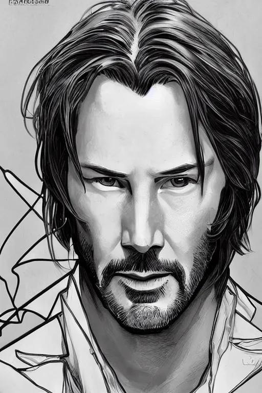 Image similar to comic book illustration, portrait of keanu reeves done as a louise nevelson sculpture, cyberpunk concept art by artgerm and Alphonse Mucha and Moebius, highly detailed, intricate, sci-fi, sharp focus, Trending on Artstation HQ, deviantart