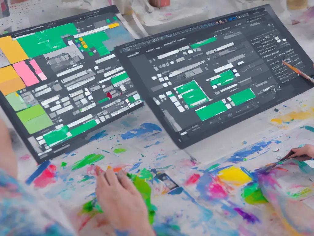 Prompt: design software UI on a screen that is covered in paint, photorealistic