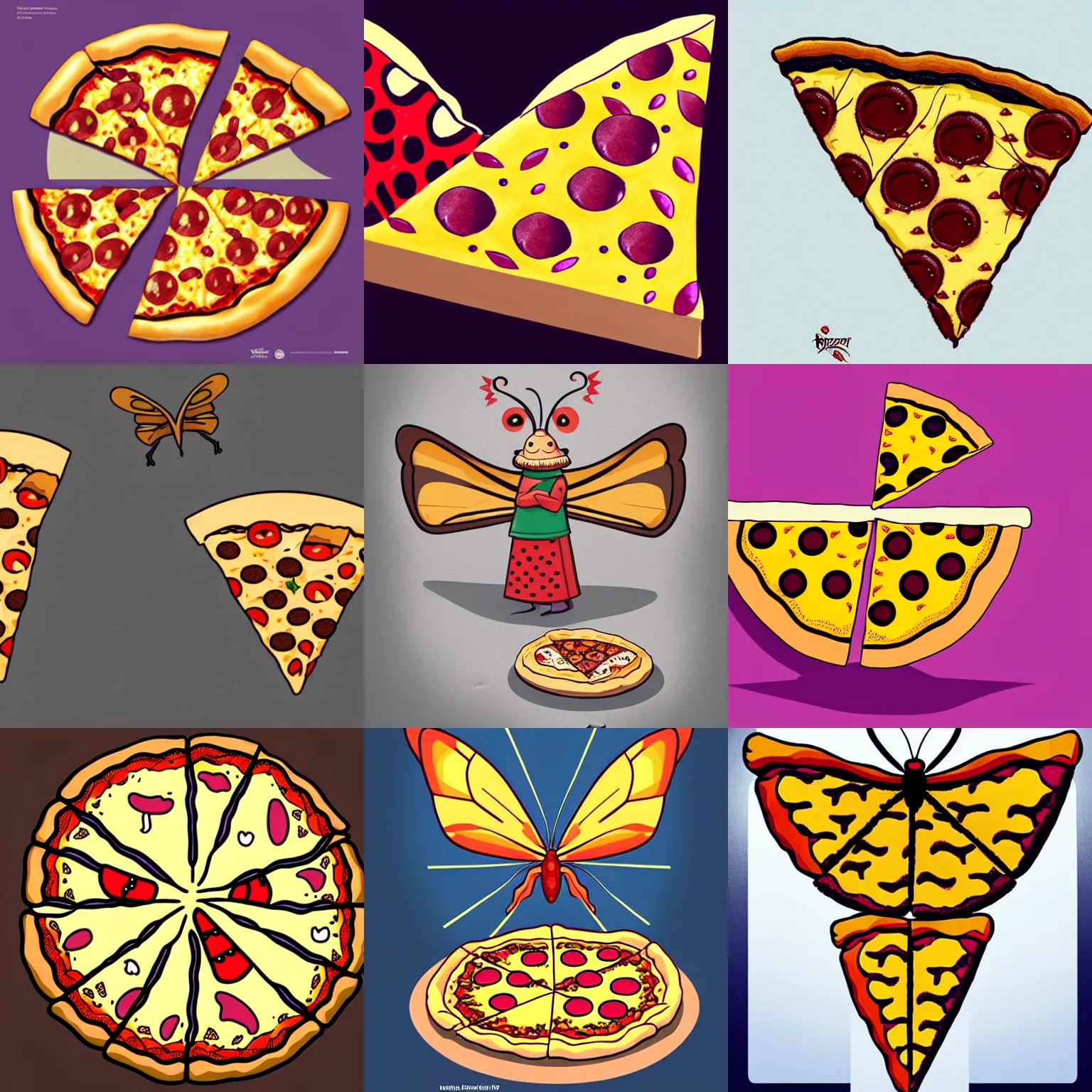Prompt: huge butterfly with pizza instead of wings, concept art, drawing, award winning, artstation, high detailed