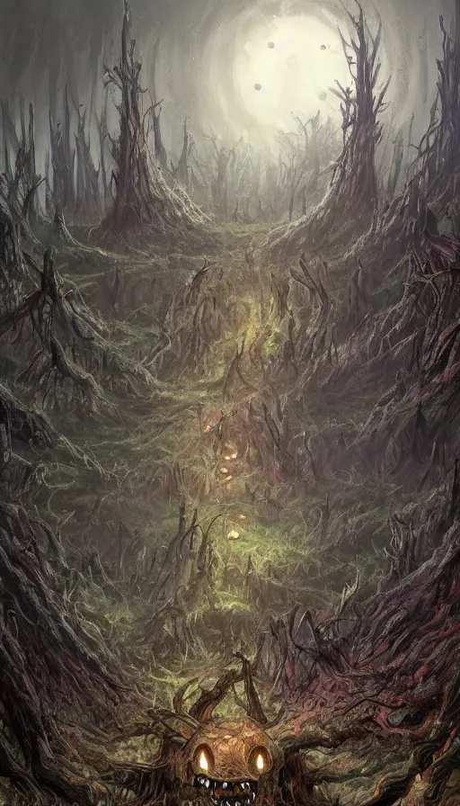 Image similar to a storm vortex made of many demonic eyes and teeth over a forest, by disney concept artists