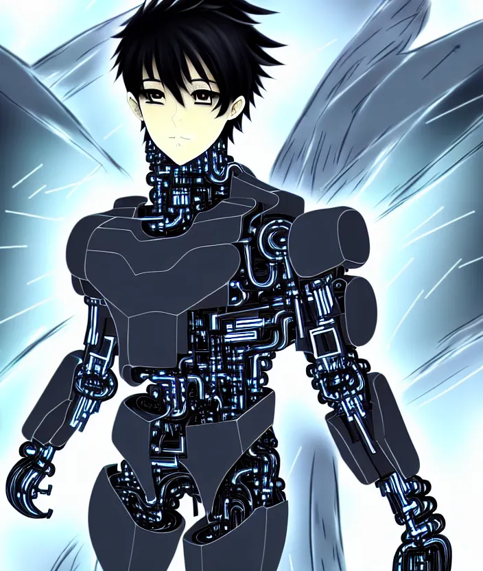 Image similar to a detailed manga illustration character full body portrait of a dark haired cyborg anime man, half of his face is cybernetic, trending on artstation, digital art, 4 k resolution, detailed, high quality, sharp focus, hq artwork, insane detail, concept art, character concept, character illustration, full body illustration, cinematic, dramatic lighting