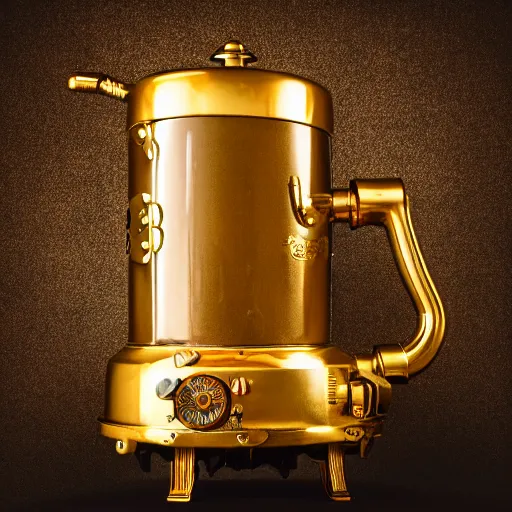 Image similar to steampunk roaster gold and black, shiny golden, studio light, 4 k, highly detailed, black background, light on top