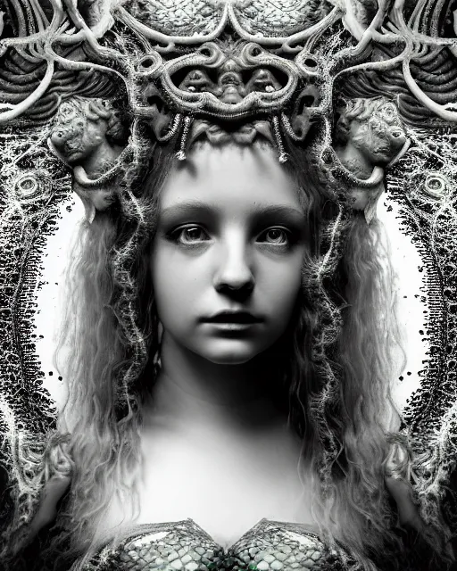 Image similar to surreal mythical dreamy underwater artistic bw photo of a beautiful young female angelic - medusa - cyborg covered with fish scales and algae, highly detailed, intricate crystal ivy jelly fish scales ornate, poetic, octane render, 8 k, photo - realistic, in the style of gustave dore and preraphaelites