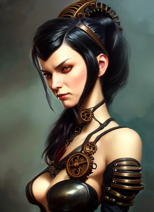 Image similar to a _ fantasy _ style _ portrait _ painting _ of steampunk woman, ponytail black hair, round face, rpg dnd oil _ painting _ unreal _ 5 _ daz. _ rpg _ portrait _ extremely _ detailed _ artgerm _ greg _ rutkowski _ greg