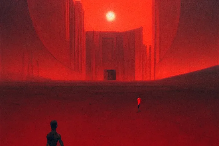 Image similar to only with red, a red god of death eat apple, a futuristic city on mars in background, floor are worms, in the style of beksinski, part by hopper, part by rodcenko, part by hofbauer, intricate composition, red by caravaggio, insanely quality, highly detailed, masterpiece, red light, artstation