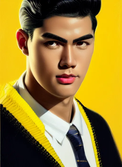 Image similar to portrait of young reggie mantle, mean smirk, egotistical, slicked back hair, striped yellow and black sweater, 1 9 5 0 s, intricate, elegant, glowing lights, highly detailed, digital painting, artstation, concept art, smooth, sharp focus, illustration, art by wlop, mars ravelo and greg rutkowski