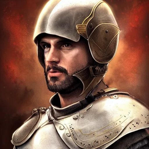 Prompt: realistic portrait, 30 year old man :: athletic, brown hair, metal armour, majestic, authority, sword :: high detail, digital art, RPG, concept art, illustration