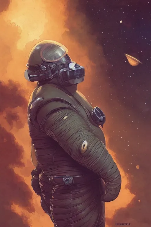 Image similar to portrait of baron harkonnen wearing leather spacesuit, detailed, sunshine, nebula space background, illustration by normal rockwell, artstation character art, john william waterhouse, concept art, greg rutkowski