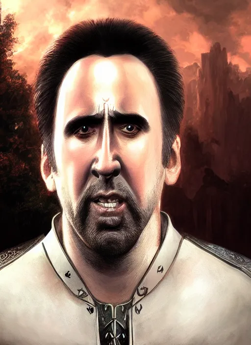 Image similar to A fantasy comic book style portrait painting of as Nicolas Cage as a paladin, unreal 5, DAZ, hyperrealistic, octane render, RPG portrait, dynamic lighting