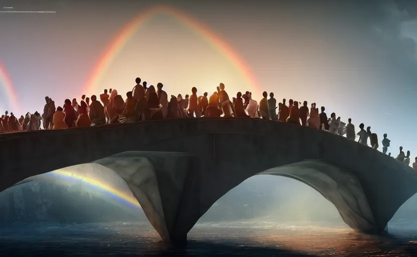 Image similar to incredible, mindblowing, refugees crossing a bridge made of rainbow, matte painting, makoto shinkai, artstation, cgsociety, dramatic lighting, concept art, octane render, arnold 3 d render