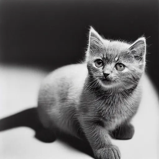 Image similar to a portrait photo of a cute solid gray kitten wearing a tuxedo by edward weston, auto graflex, 2 1 0 mm ƒ / 6 4 zeiss tessar, agfa isopan iso 2 5, pepper no. 3 5, 1 9 3 0, high quality photo, highly detailed, studio lighting, fine - art photography, tack sharp