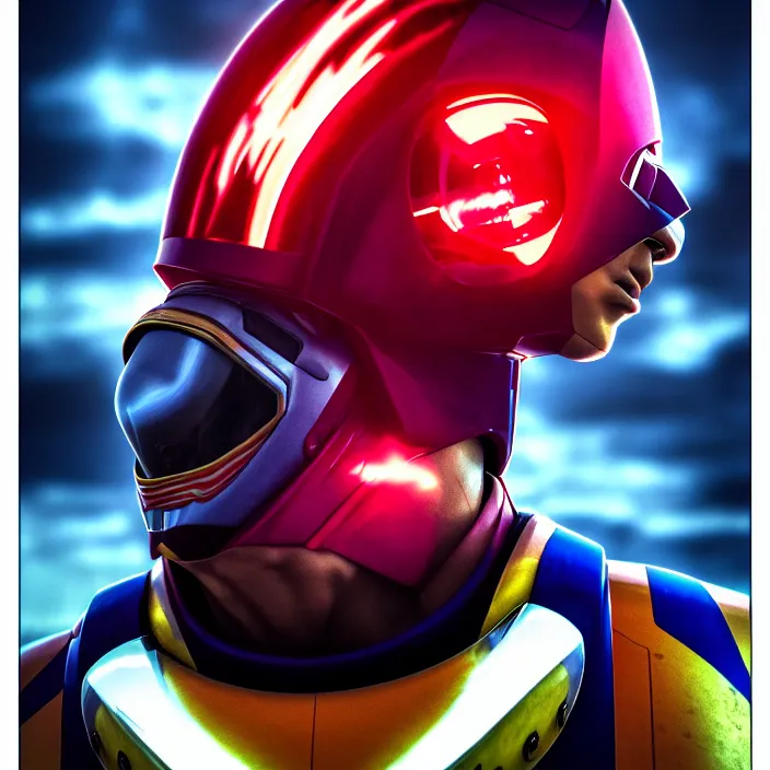 Image similar to cinematic bust portrait, captin falcon from f - zero, head and chest only, thawan duchanee, masterpiece, cinematic composition, dramatic pose, beautiful lighting, sharp, details, hyper - detailed, hd, 4 k