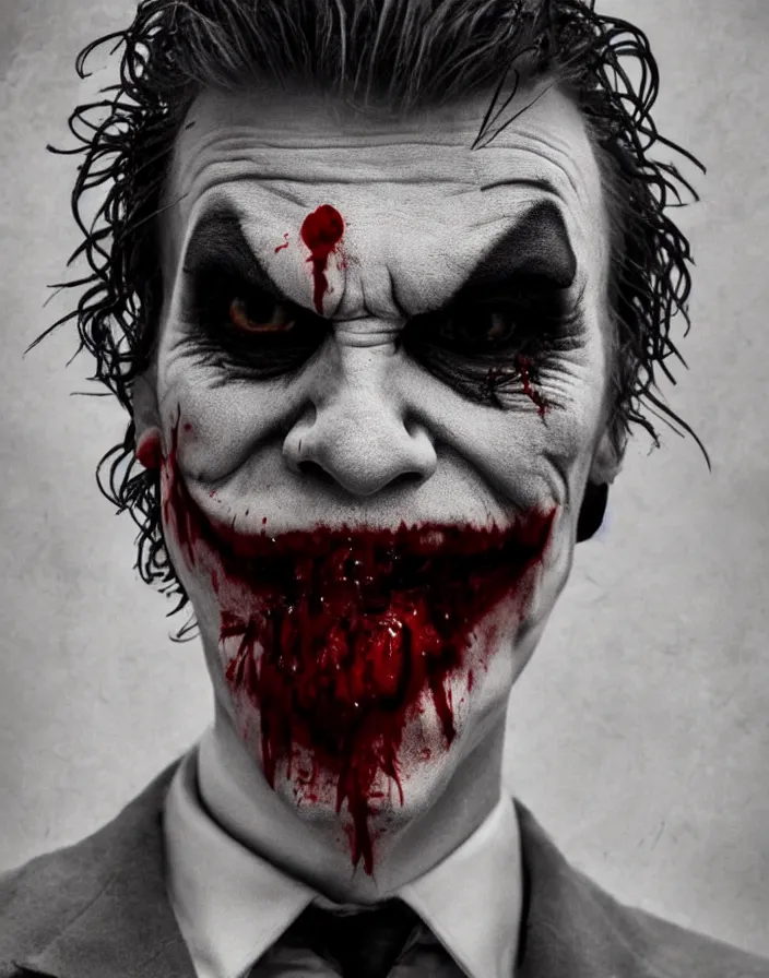 Image similar to a really creepy photography of joker, hyper realistic, ultra detailed, portrait photo, black background, horror, blood