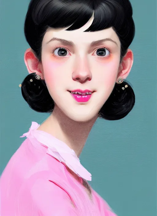 Image similar to portrait of high school girl, realistic, black hair, bangs, half updo hairstyle, pointy nose, skinny, smile, ugly, defined jawline, big chin, pink hair bow, earrings, intricate, elegant, glowing lights, highly detailed, digital painting, artstation, sharp focus, illustration, art by wlop, mars ravelo and greg rutkowski