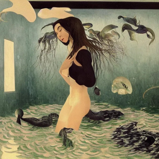 Image similar to tall emo female artist holding a large fish in her flooded apartment, seaweed, pomegranates, octopus, water gushing from ceiling, painting of flood inside an artist's apartment, a river flooding indoors, ikebana, zen, rapids, waterfall, black swans, canoe, berries, acrylic on canvas, surrealist, by magritte and monet