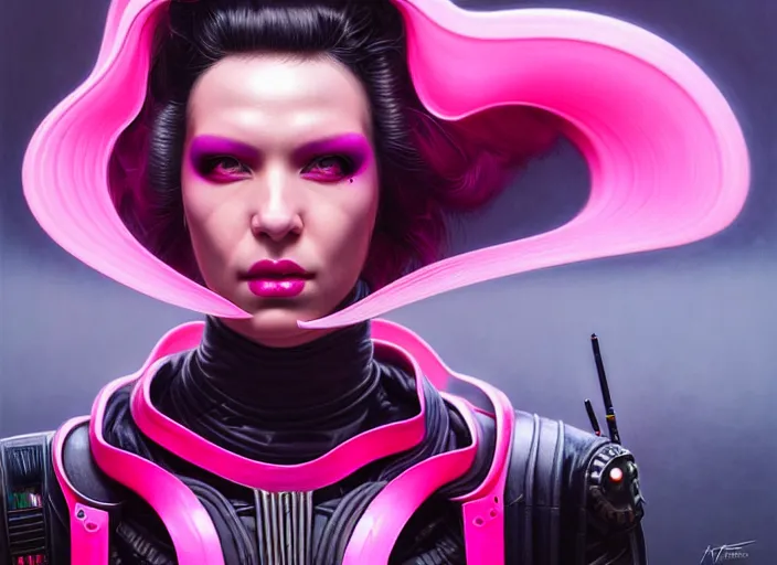 Image similar to portrait shot of a female pink vader with full lips in cyberpunk 2 0 7 7, intricate, elegant, highly detailed, centered, digital painting, artstation, concept art, smooth, sharp focus, illustration, artgerm, tomasz alen kopera, peter mohrbacher, donato giancola, joseph christian leyendecker, wlop, boris vallejo