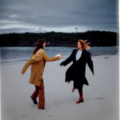 Image similar to 9 0 s polaroid photograph of a man and woman both wearing trenchcoats at night, dancing together on a beach during cloudy weather, vignette