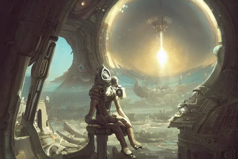 Prompt: a male in futuristic space suit looking at ancient renaissance athens through a time travel spaceship window, scifi, serene, refined, by wlop, peter mohrbacher, jakub rebelka, visually stunning, beautiful, masterpiece