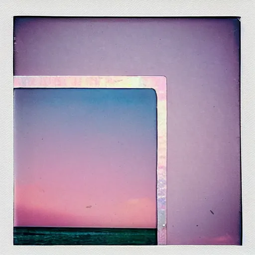 Prompt: a pastel colour Polaroid photo from a holiday album at a seaside, all objects made of transparent iridescent Perspex no people, nostalgic