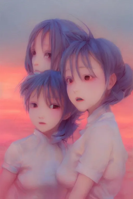 Prompt: 3d dark infrared octane render concept art by D. Jun, by Mo Xiang Tong Xiu, by Igarashi Daisuke, beauty portrait anime two schoolgirls under dark pink and blue water. pretty cute faces. sunrise. dramatic light, trending on artstation, oil painting, noise.