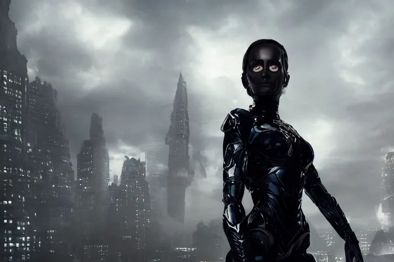 Prompt: VFX movie closeup portrait of a futuristic hero woman in black spandex armor in future city, hero pose, beautiful skin, night lighting by Emmanuel Lubezki