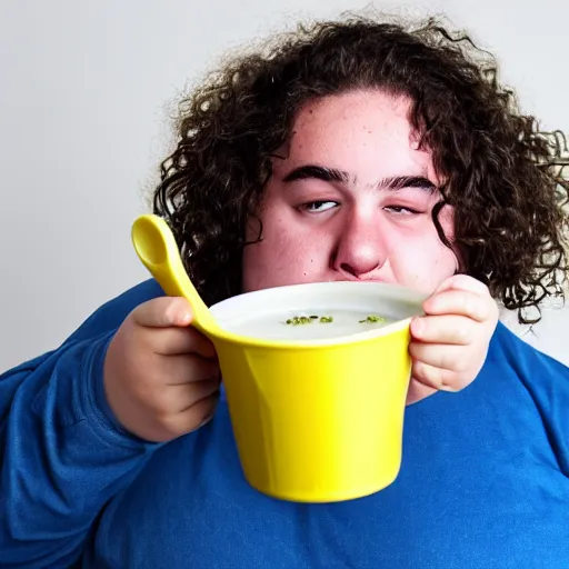 Image similar to flash photography of chubby 18 year old teenage boy with long curly brown hair puking. He is covered in soup. Disgusting horrible mess