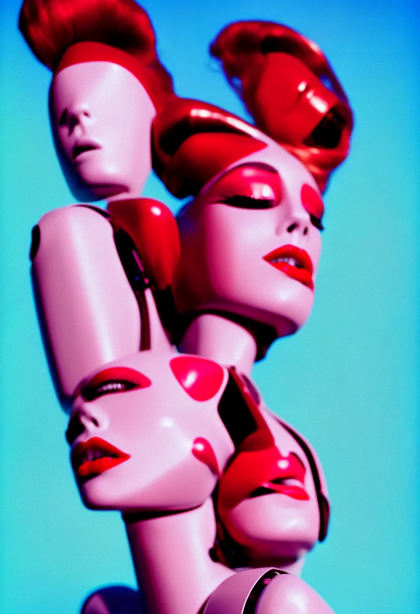 Image similar to medium format fashion shot, photograph of alluring female robot looking into camera, eye closed, red lipstick, sharp focus, kodak ektachrome, chromatic abberations, as fashion editorial 90s, lens flare, 85 mm lens f/1.2